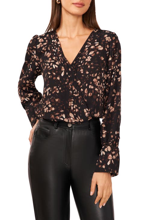 Floral Pintuck Pleated Wrap Front Blouse