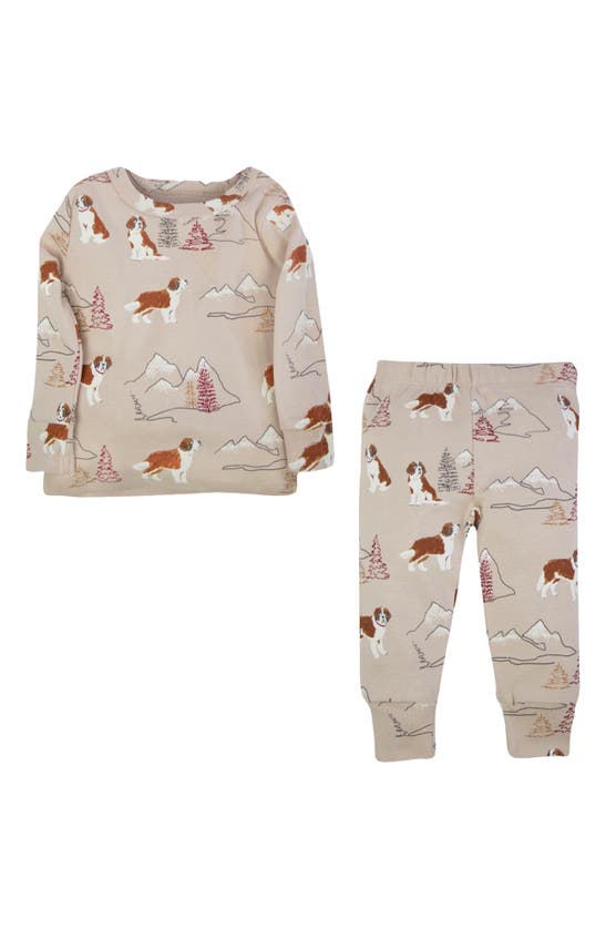 Oliver & Rain Babies' Saint Bernard Dog Print Fitted Two-piece Organic Cotton Pajamas In Khaki