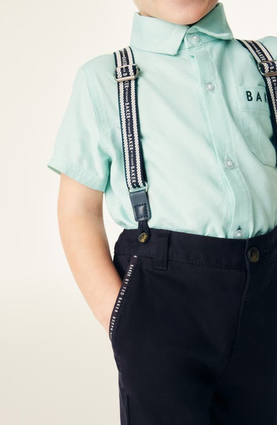 Shop Baker By Ted Baker Kids' Short Sleeve Button-up Shirt, Trousers & Suspenders Set In Green Multi