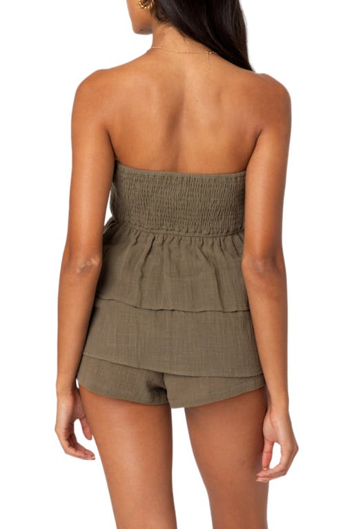 Shop Edikted Harleigh Strapless Smocked Top In Olive