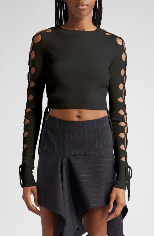 Lace Sleeve Detail Merino Wool Blend Crop Sweater in Black