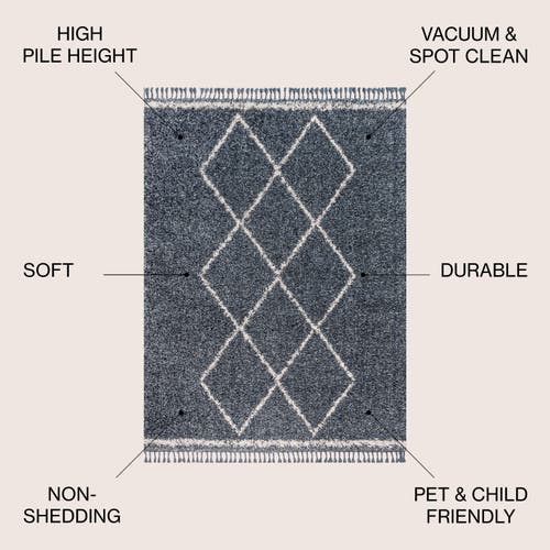 Jonathan Y Mercer Shag Plush Tassel Moroccan Geometric Trellis Denim Area Rug In Denim Blue/cream