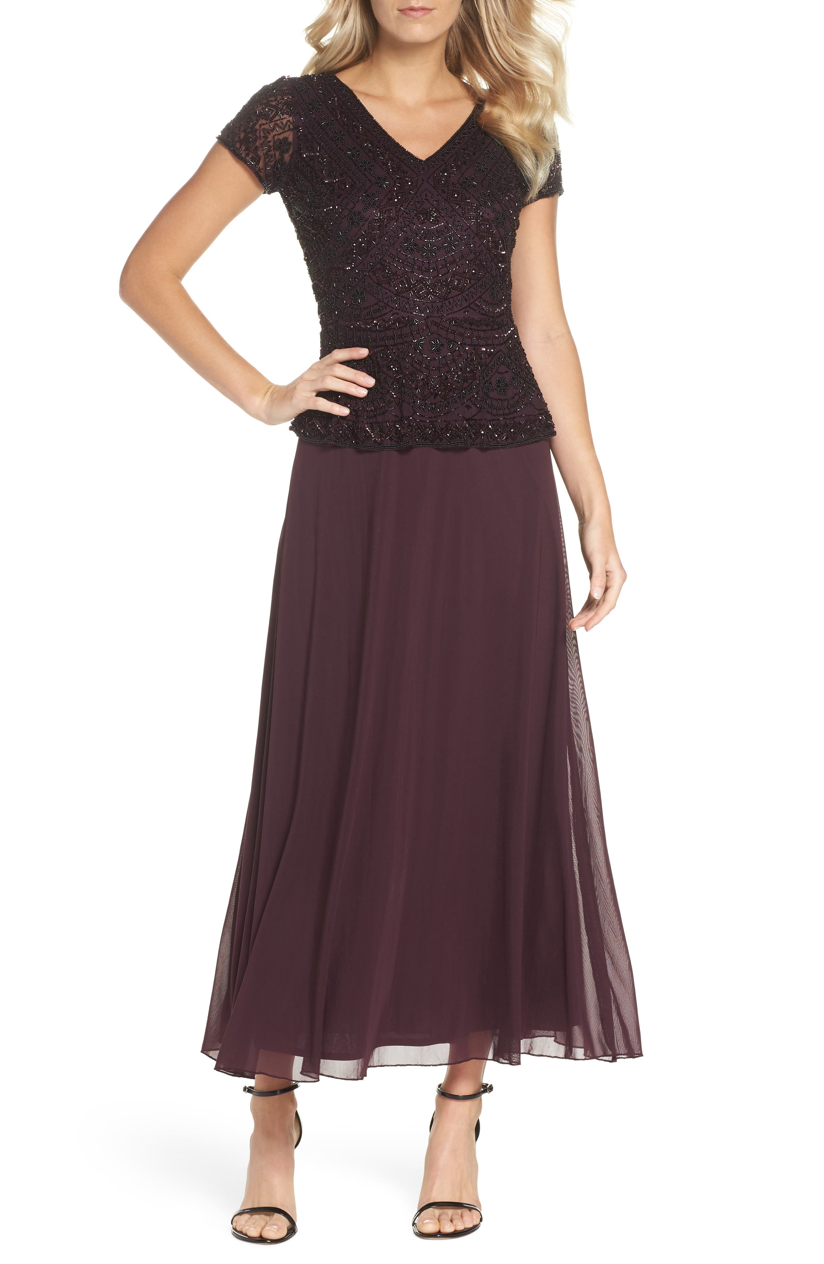 pisarro nights v neck beaded gown