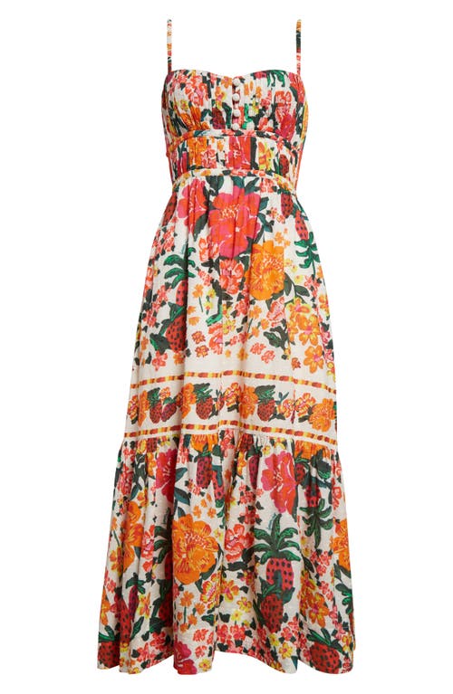 Farm Rio Floral Sketch Tiered Cotton Midi Dress In Floral Sketch White