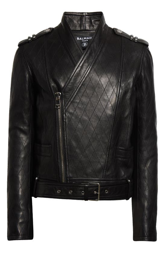 Shop Balmain Belted Zip Cuff Quilted Lambskin Leather Biker Jacket In 0pa Black