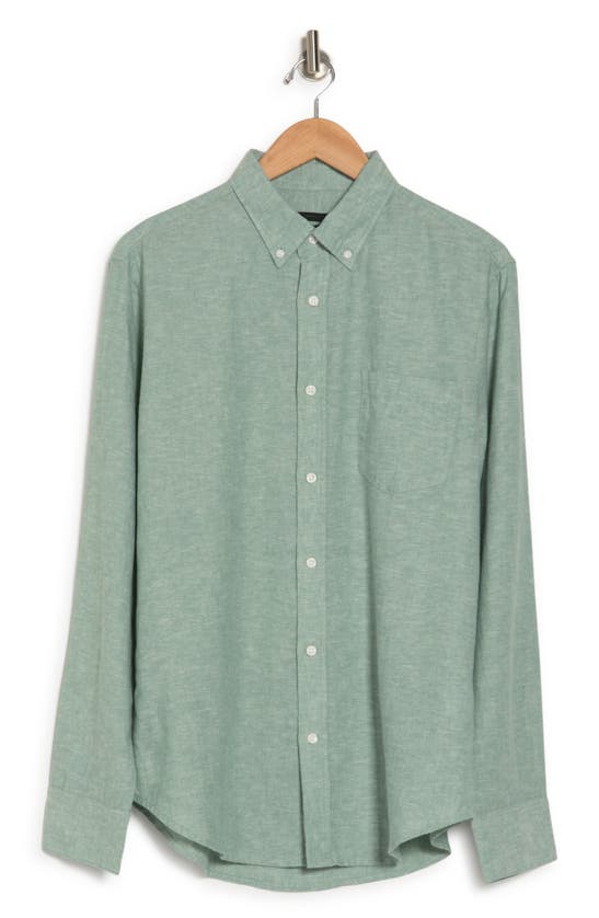 14th & Union Long Sleeve Slim Fit Linen Cotton Shirt In Green Seaglass