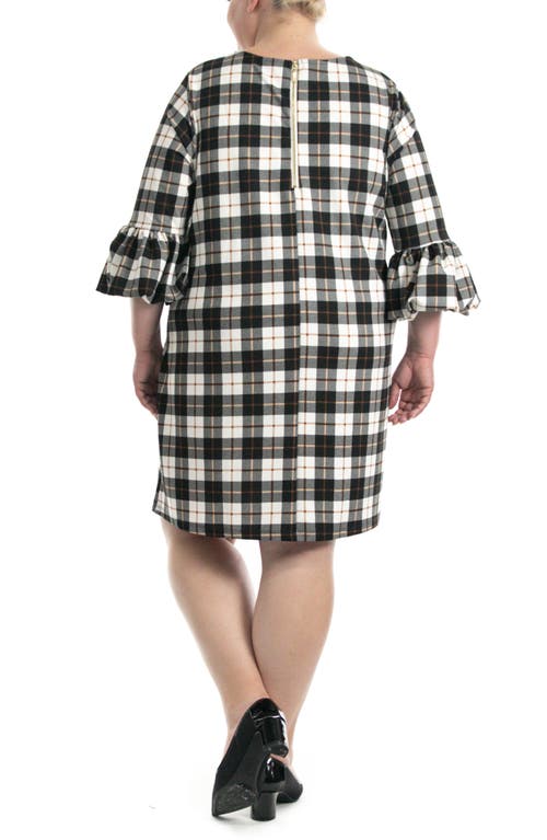 Nina Leonard Scuba Plaid Shift Dress In Ivory/black/mocha