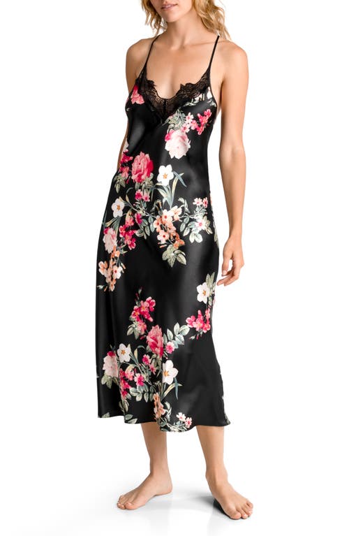 Bloom by Jonquil Lace Trim Satin Nightgown Black at Nordstrom,