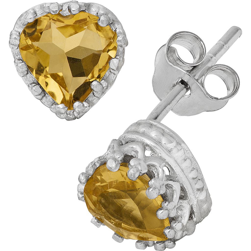 Fzn Sterling Silver Gemstone Heart Stud Earrings In Citrine