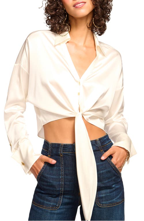 Shop Ramy Brook Farrah Tie Hem Crop Stretch Silk Shirt In Ivory