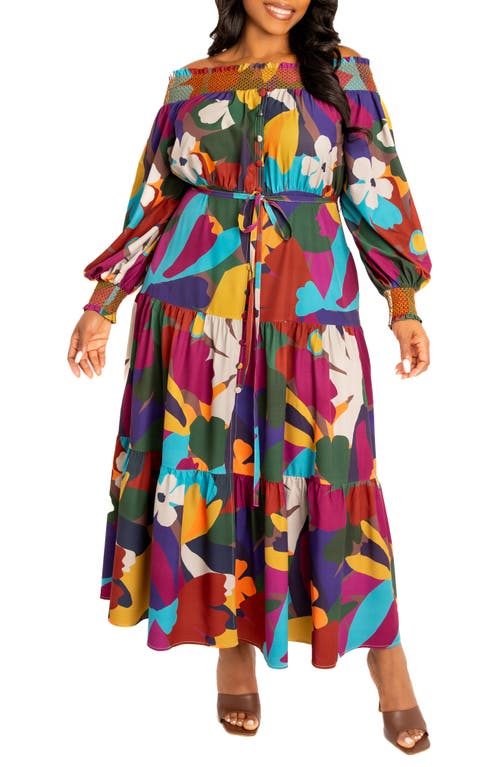 BUXOM COUTURE Floral Off the Shoulder Long Sleeve Maxi Dress in Brown Multi 