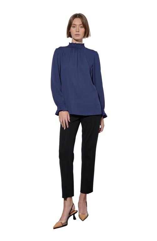 Ming Wang Smocked Trim Crêpe De Chine Charmeuse Top In Regatta