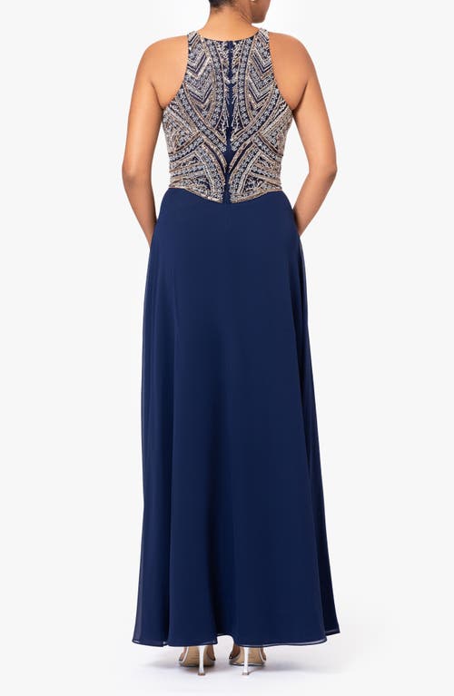 Shop Betsy & Adam Beaded Bodice Sleeveless Gown In Navy/silver/copper