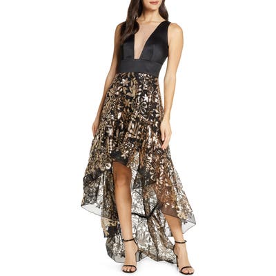 Bronx And Banco Louise Floral Sequin Sleeveless High/low Gown, Black