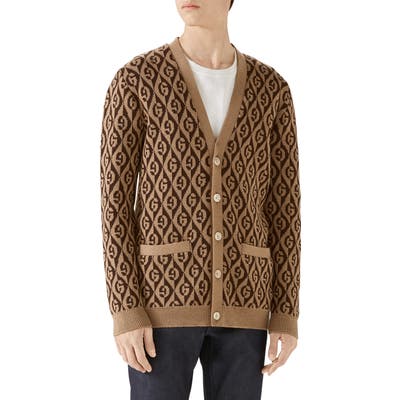 Gucci G Rhombus Jacquard Wool Cardigan, Brown