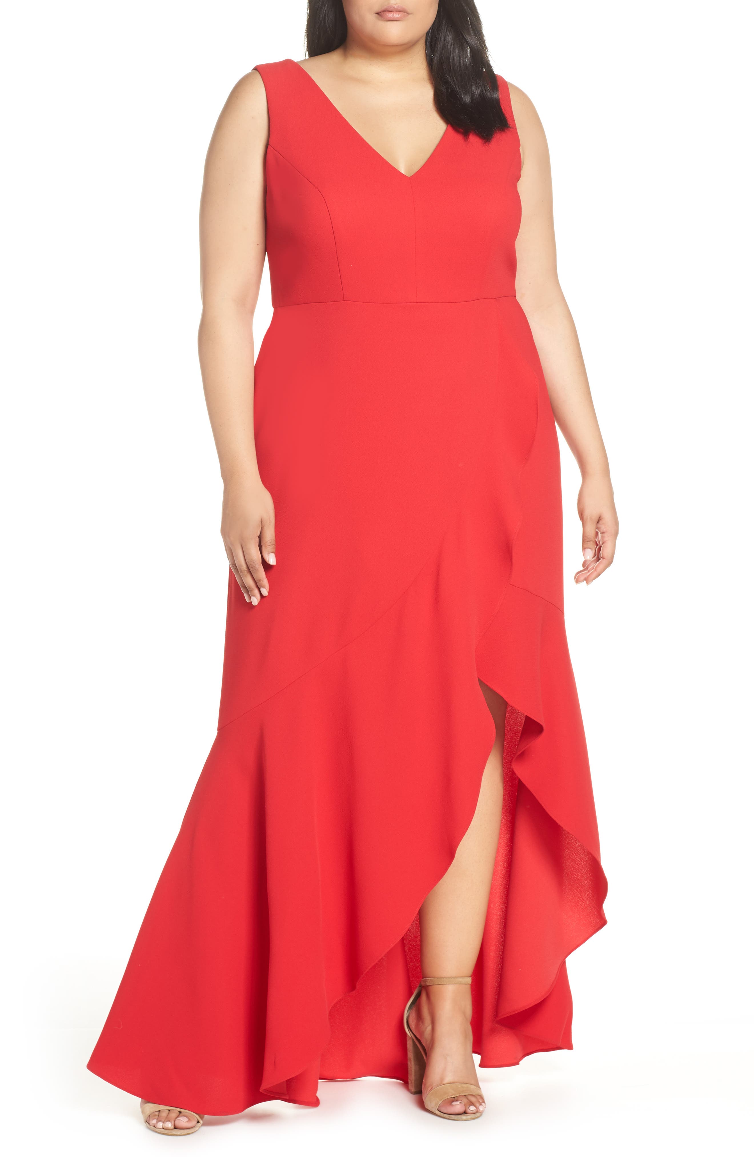 Plus Size Xscape Ruffle Front Crepe Dress, Red