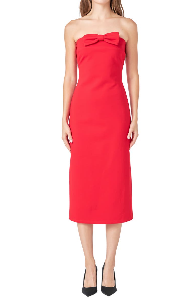 Endless Rose Strapless Bow Midi Dress, Alternate, color, Red