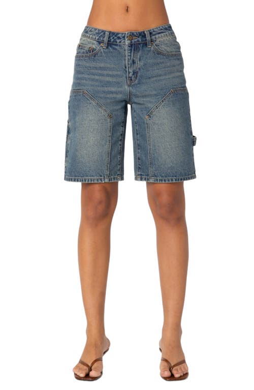 Edikted Low Rise Denim Carpenter Bermuda Shorts In Blue