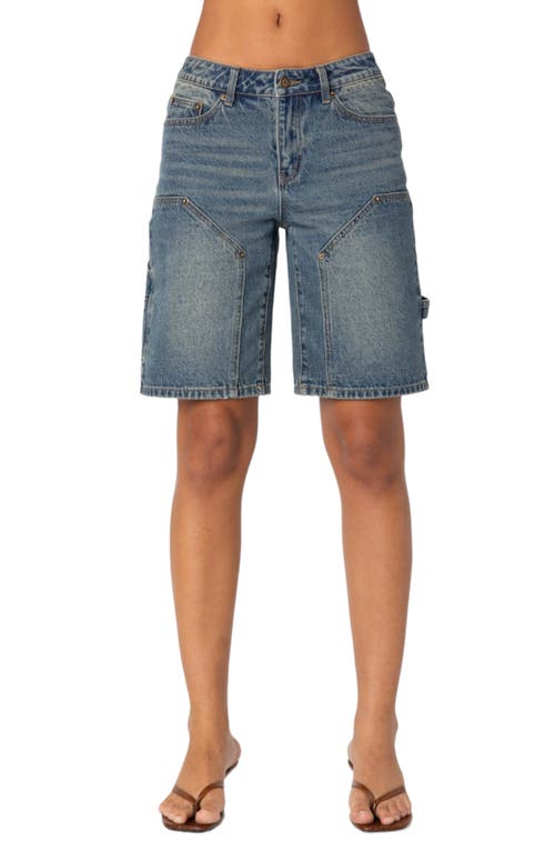 Shop Edikted Low Rise Denim Carpenter Bermuda Shorts In Blue