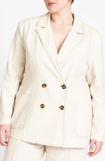 ELOQUII Topstitch Detail Double Breasted Linen Blend Blazer | Nordstrom