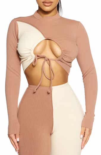Naked Wardrobe long sleeve open cropped top in tan - ShopStyle