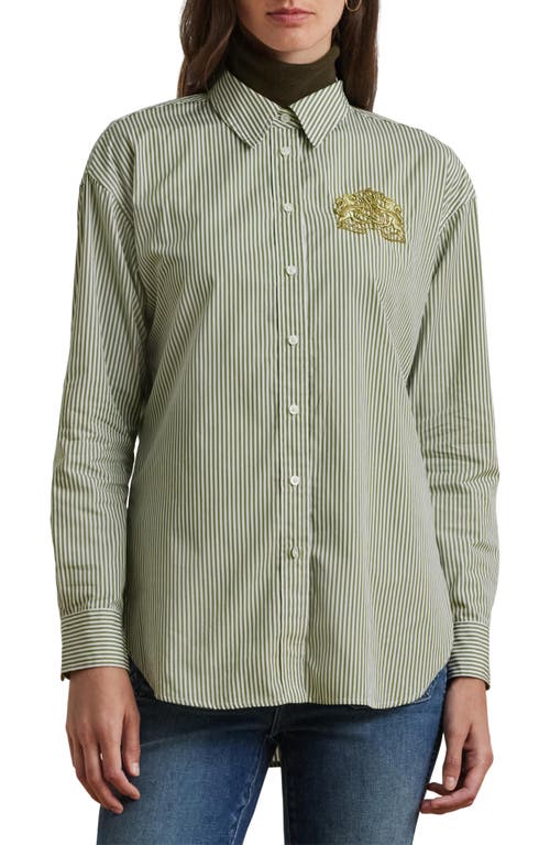 Shop Lauren Ralph Lauren Stripe Lion Crest Cotton Button-up Shirt In Olive/white