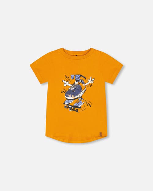 Deux Par Deux Boy's Organic Cotton T-Shirt With Sneaker Print Orange at Nordstrom