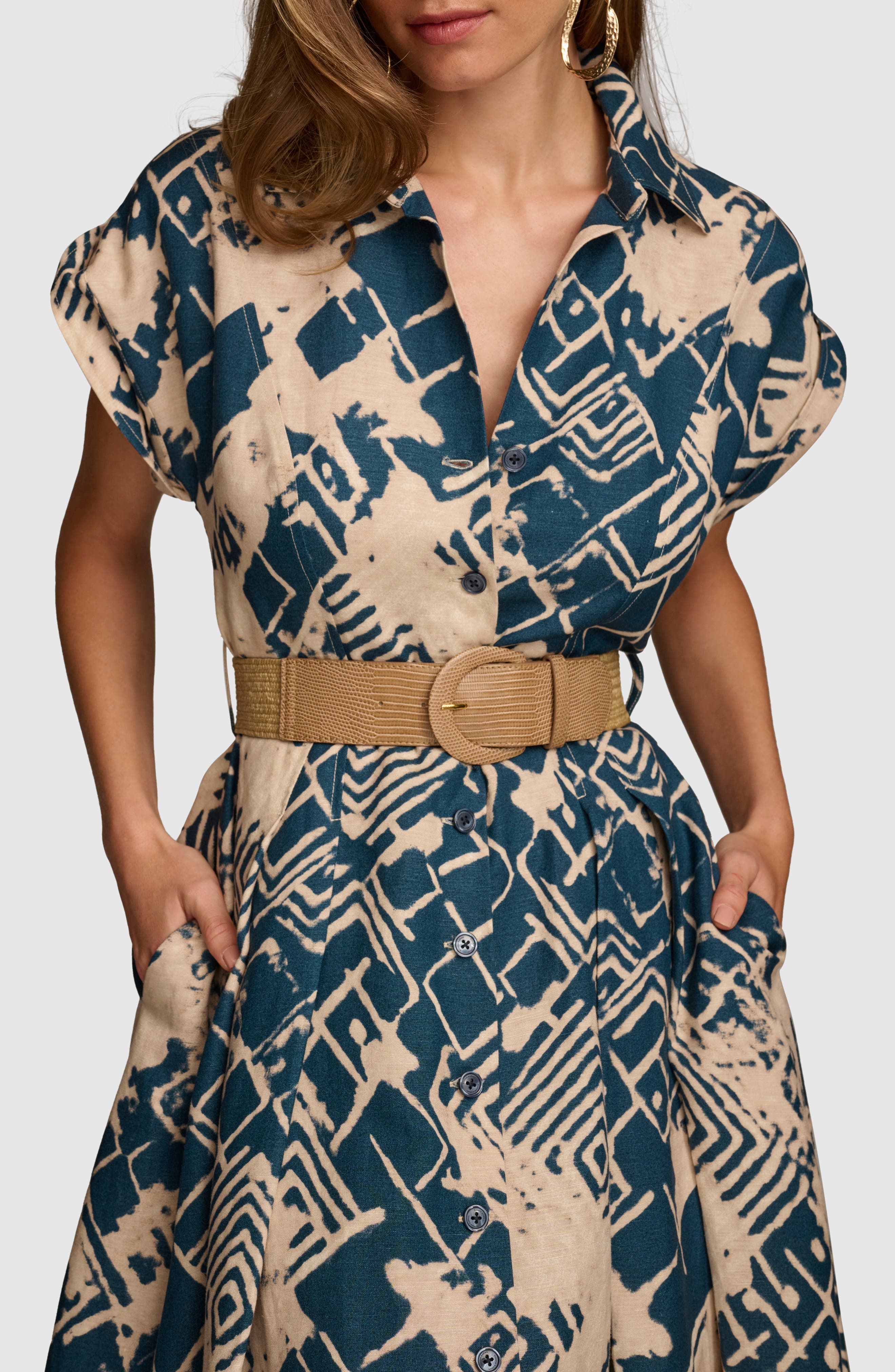Donna Karan New York Abstract Print Belted Midi Linen Blend