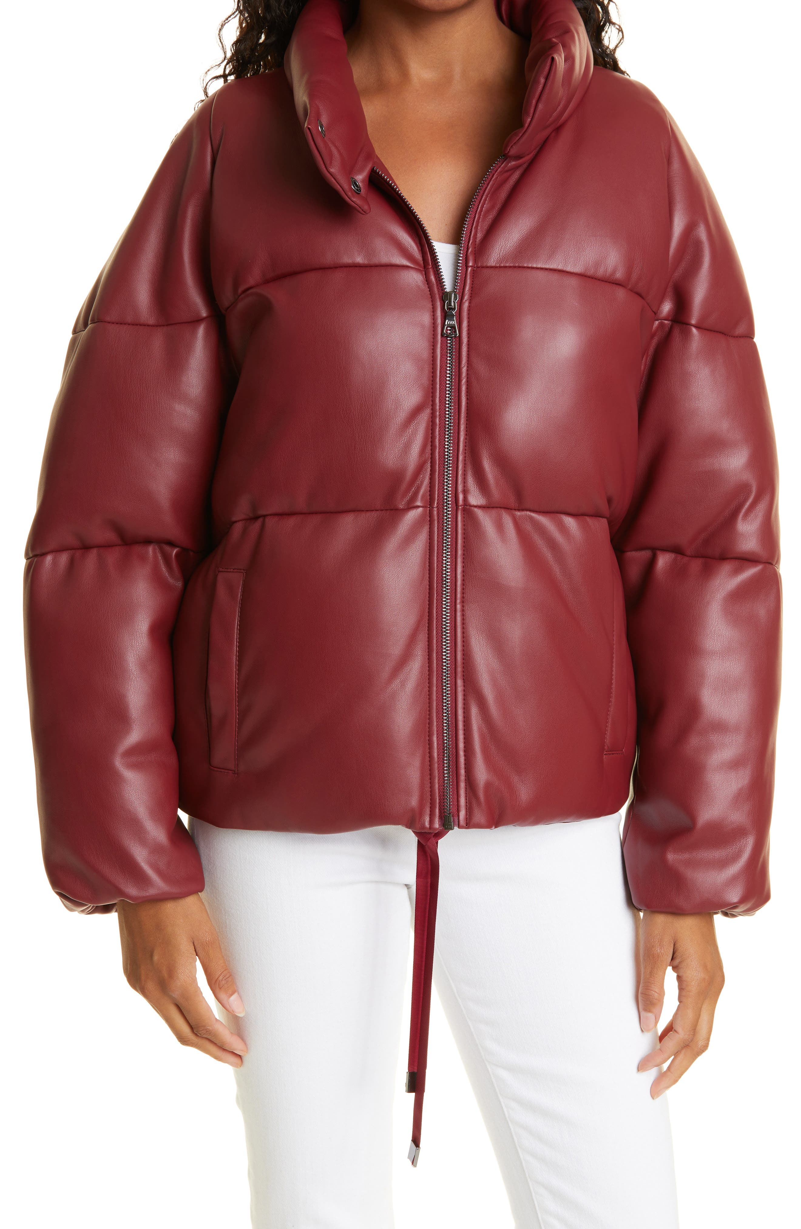 burgundy leather puffer jacket