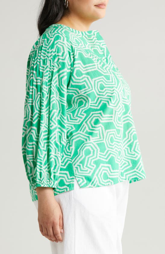 Shop Caslon Print Split Neck Cotton Popover Top In Green Bright- Ivory Ladder Geo