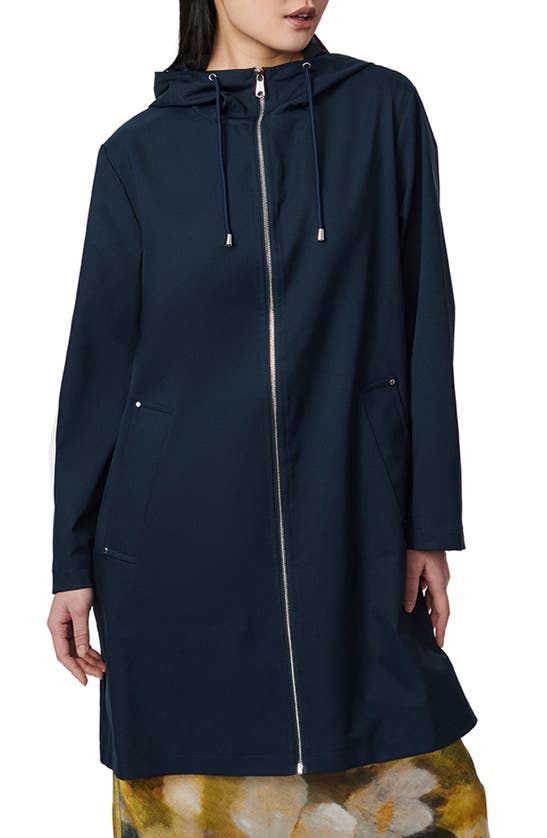 Shop Bernardo Water Resistant Hooded Long Raincoat In Navy