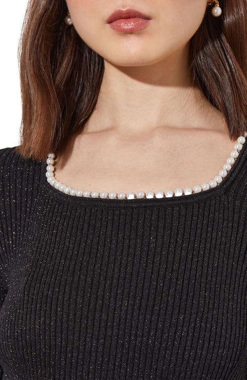 Ming Wang Imitation Pearl Collar Shimmer Rib Sweater In Black/silver