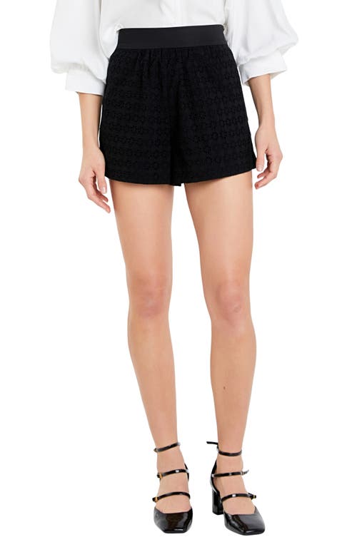 Floral Embroidered Cotton Shorts in Black