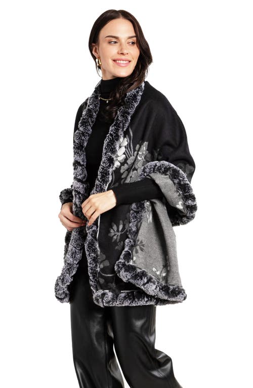 Saachi Floral Reversible Scarf With Faux Fur Trim In Black