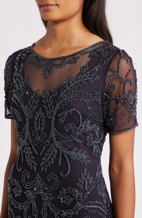 Pisarro Nights Embellished Illusion Neck Cocktail Dress In Eggplant 503