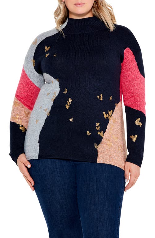 NIC+ZOE Glowing Embers Patterned Mock Neck Cotton Blend Sweater in Indigo Multi