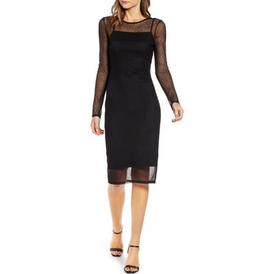 Chelsea28 Mesh Overlay Long Sleeve Dress, Black