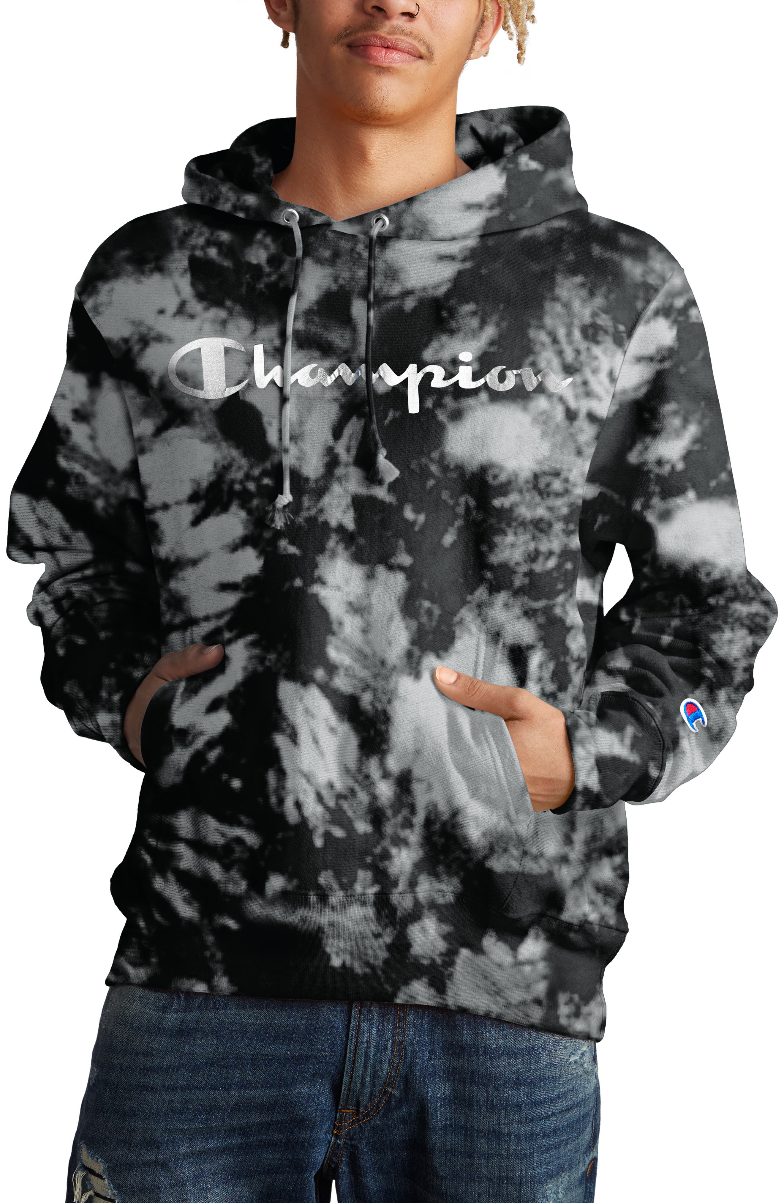 champion reverse weave scrunch dye black hoodie