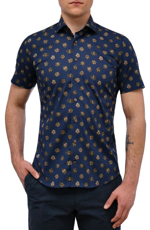 Emanuel Berg Slim Fit Floral Stretch Short Sleeve Button-Up Shirt in Navy