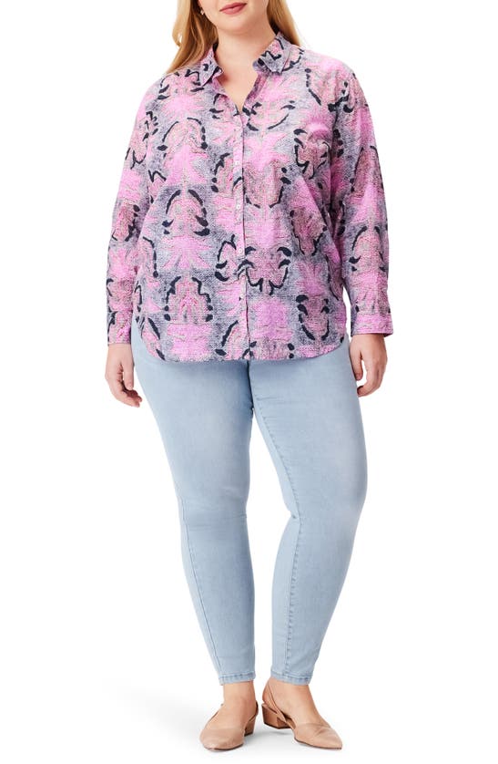Shop Nic + Zoe Petal Patch Relaxed Cotton Button-up Shirt In Pink Multi