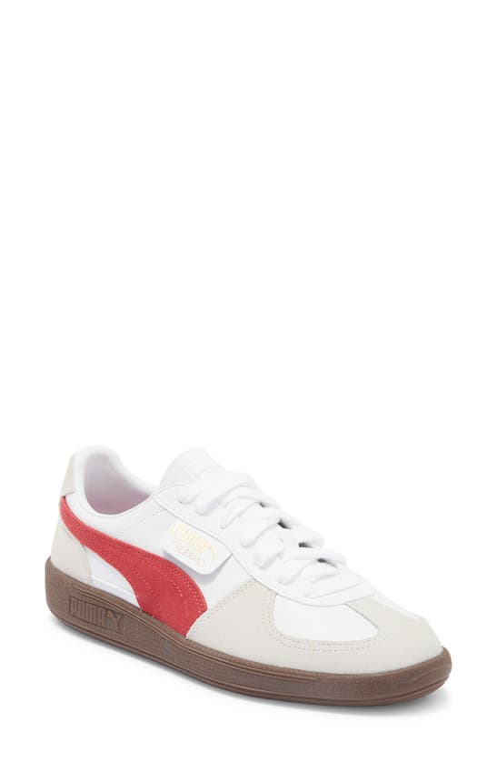 Shop Puma Palermo Leather Sneaker In  White-vapor Gray-club Red