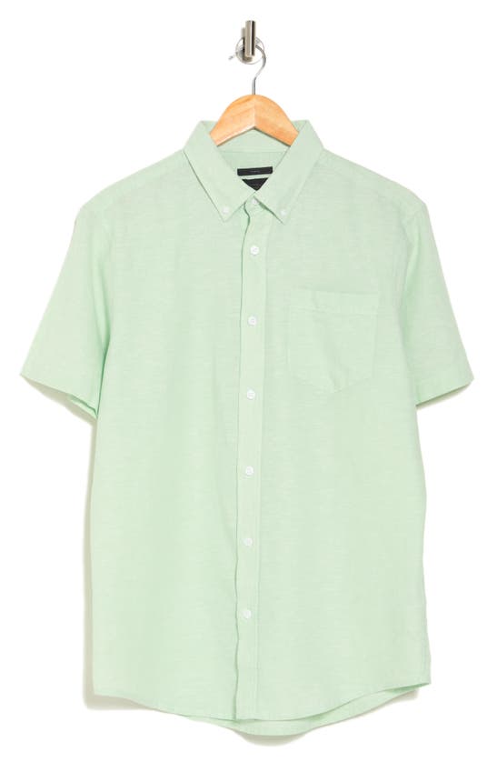 14th & Union Slim Fit Short Sleeve Linen Blend Button-down Shirt In Green Quiet- White