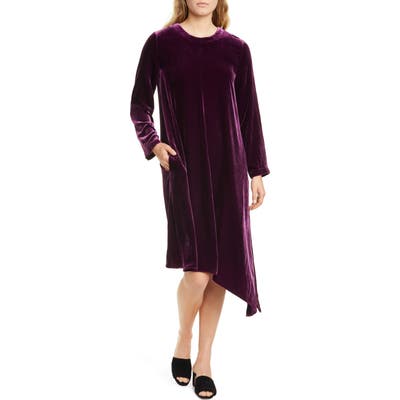 Eileen Fisher Asymmetrical Hem Velvet Long Sleeve T-Shirt Dress, Purple