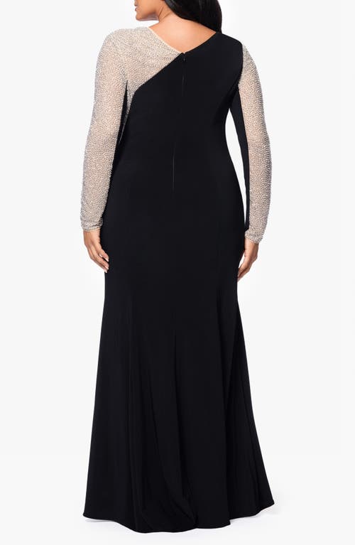 Xscape Evenings Studded Contrast Long Sleeve Trumpet Gown In Black/beige/silver
