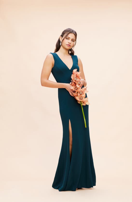 Shop Dress The Population Sandra Plunge Crepe Trumpet Gown In Pine