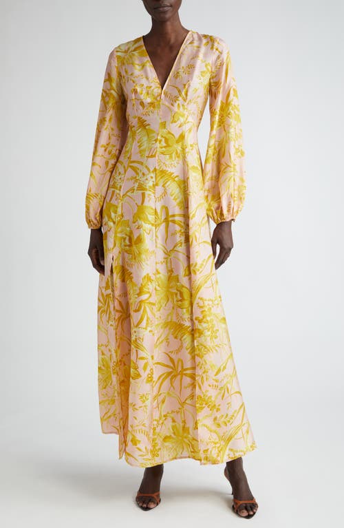 Zimmermann Golden Tropical Floral Long Sleeve Silk Maxi Dress Pink/Gold at Nordstrom,