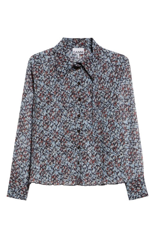 Shop Ganni Abstract Print Plissé Button-up Shirt In Phantom