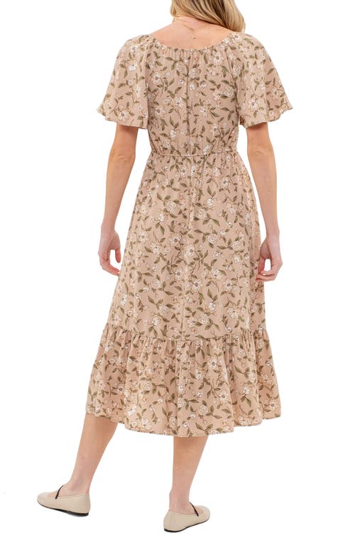 August Sky Floral Smocked Short Sleeve Midi Dress In Mocha Multi