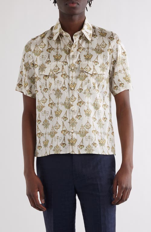 Shop Givenchy Military Slim Fit Short Sleeve Stretch Silk Button-up Shirt In Cream/ochre