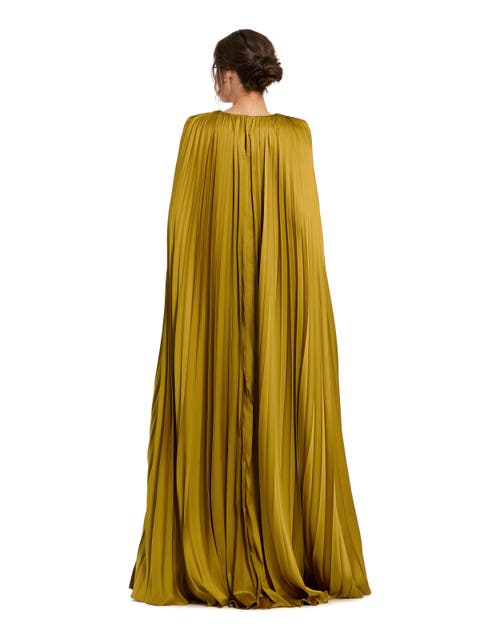 Mac Duggal Pleated Charmeuse V Neck Gown With Cape In Chartreuse